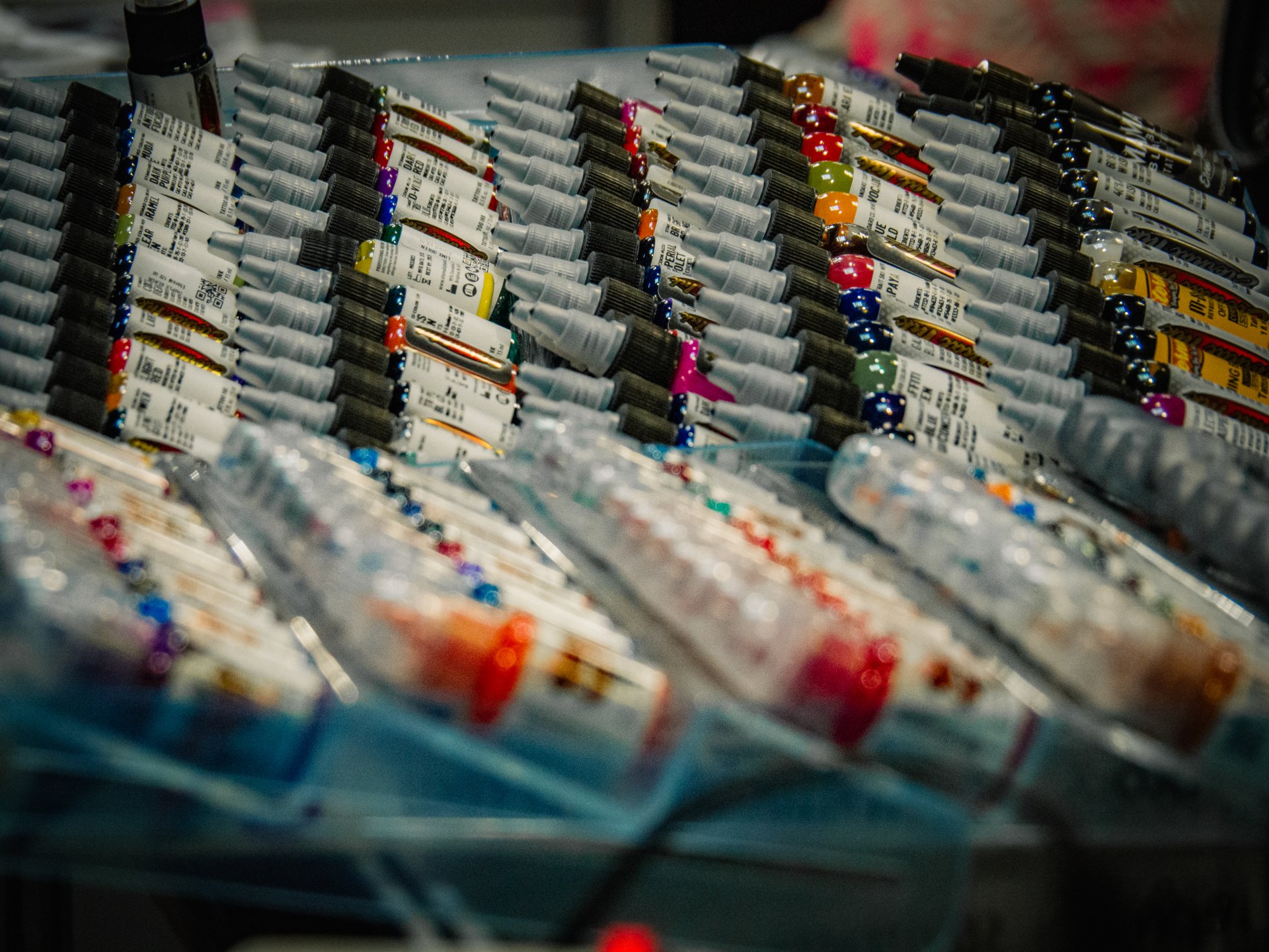Many different equipment and supplies for tattoo artists were presented at the festival. Including multicolored ink.