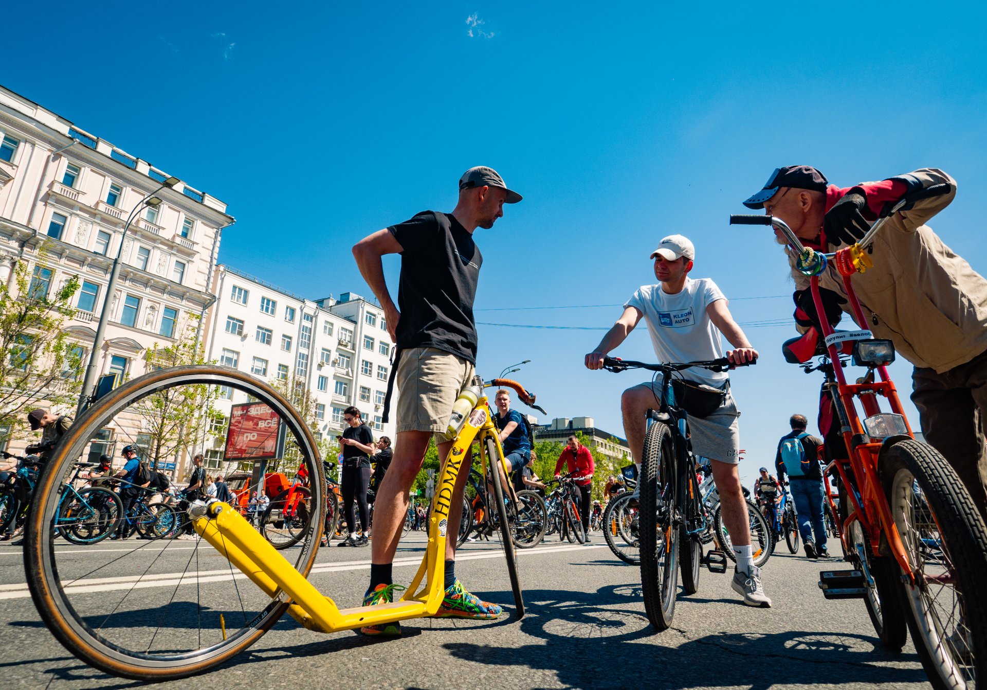 A hybrid of a bicycle and a scooter.