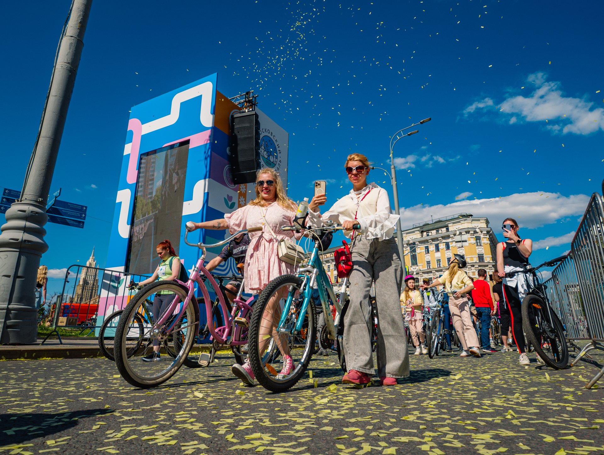 Participants of the bike parade at the finish line.