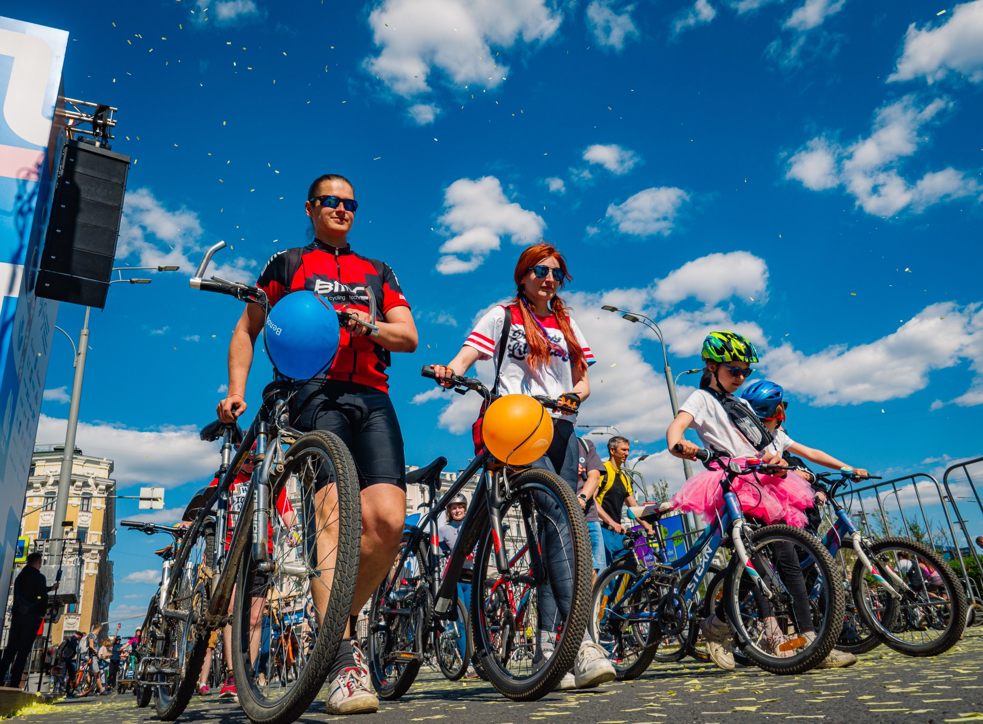 Participants of the bike parade at the finish line.