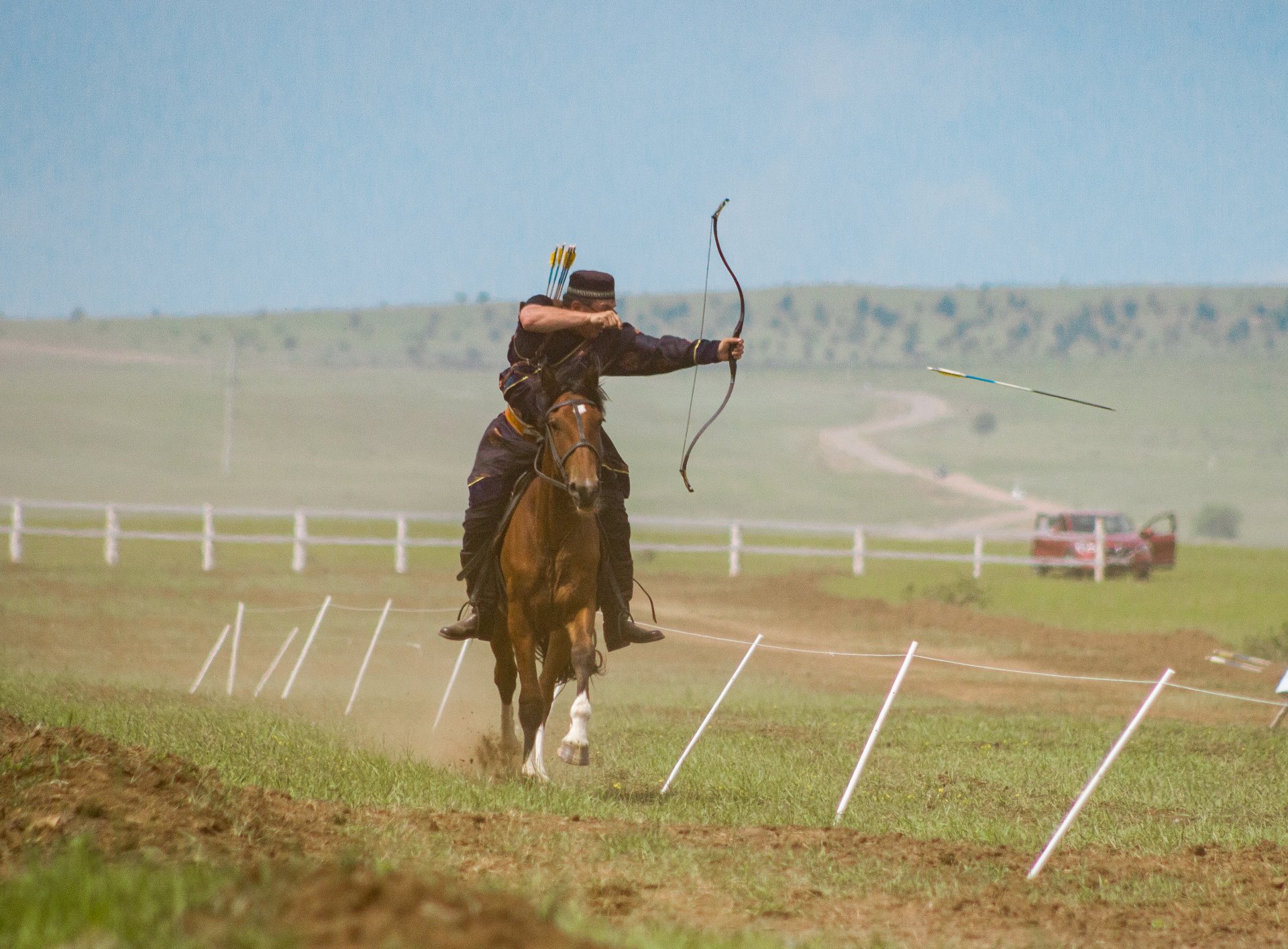 Demonstration performances in archery on horseback.