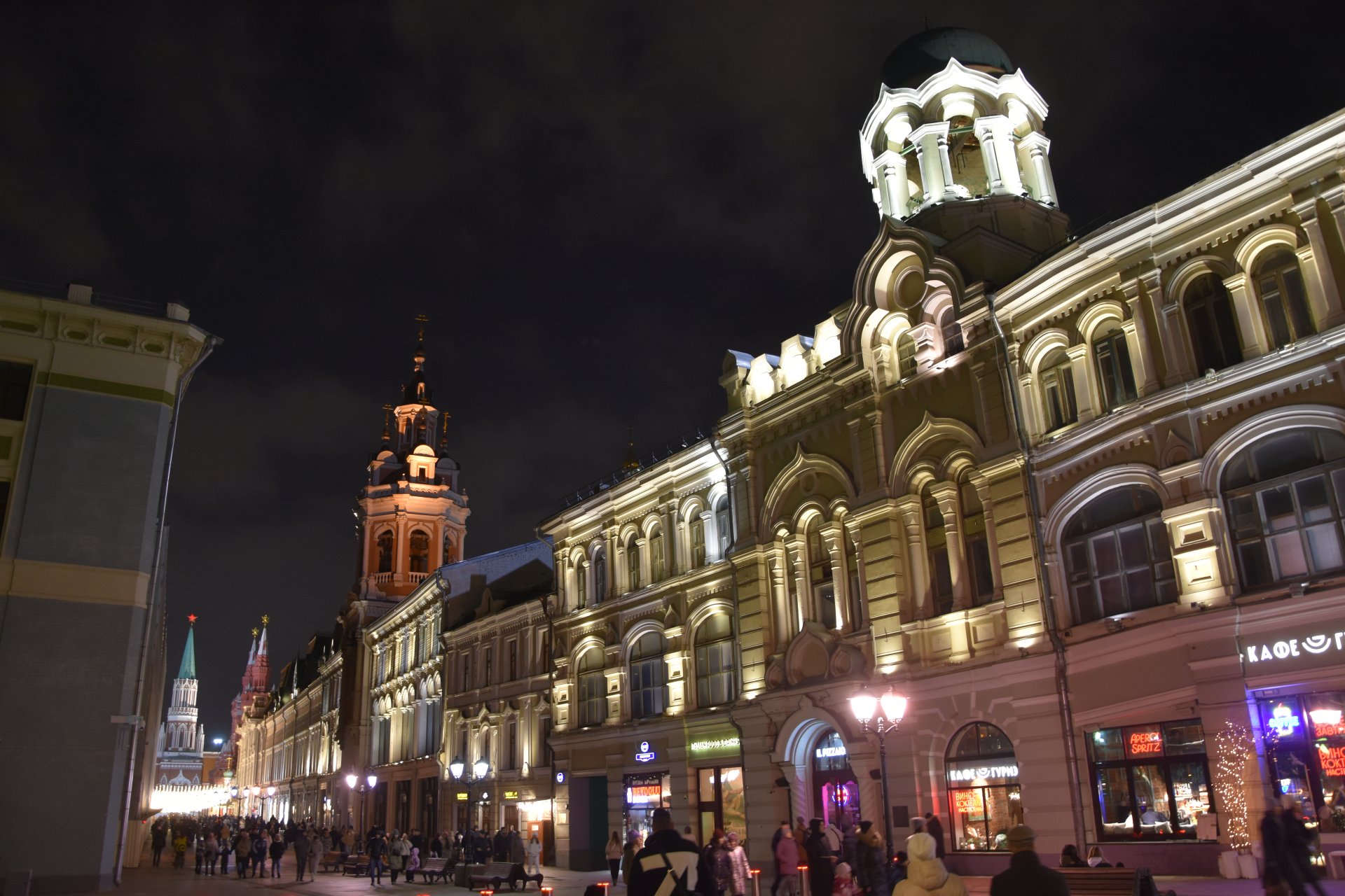 Nikolskaya Street at night, near the Red Square, Moscow, 2023.
