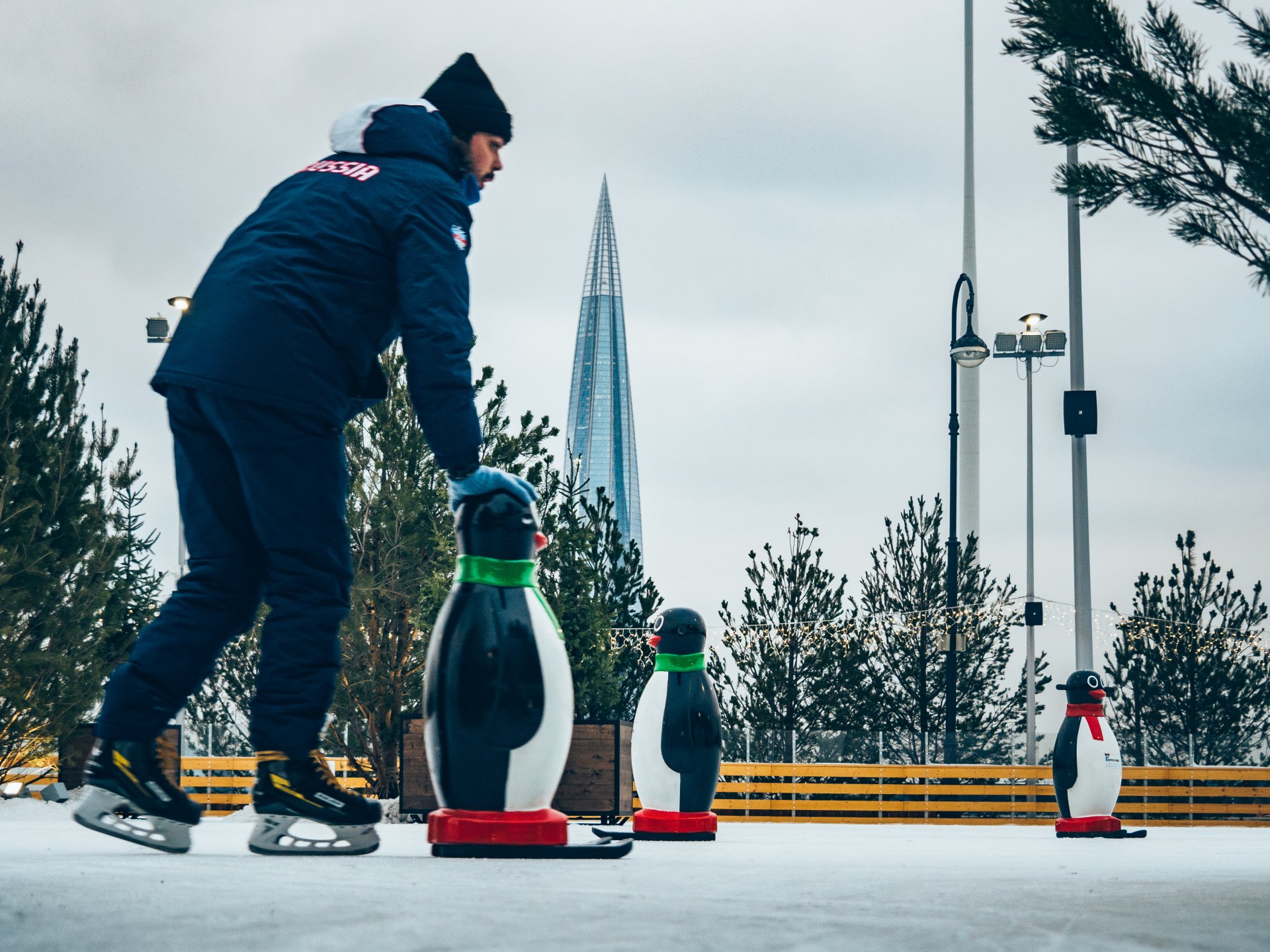 View from the ice rink to the Lakhta Center skyscraper.