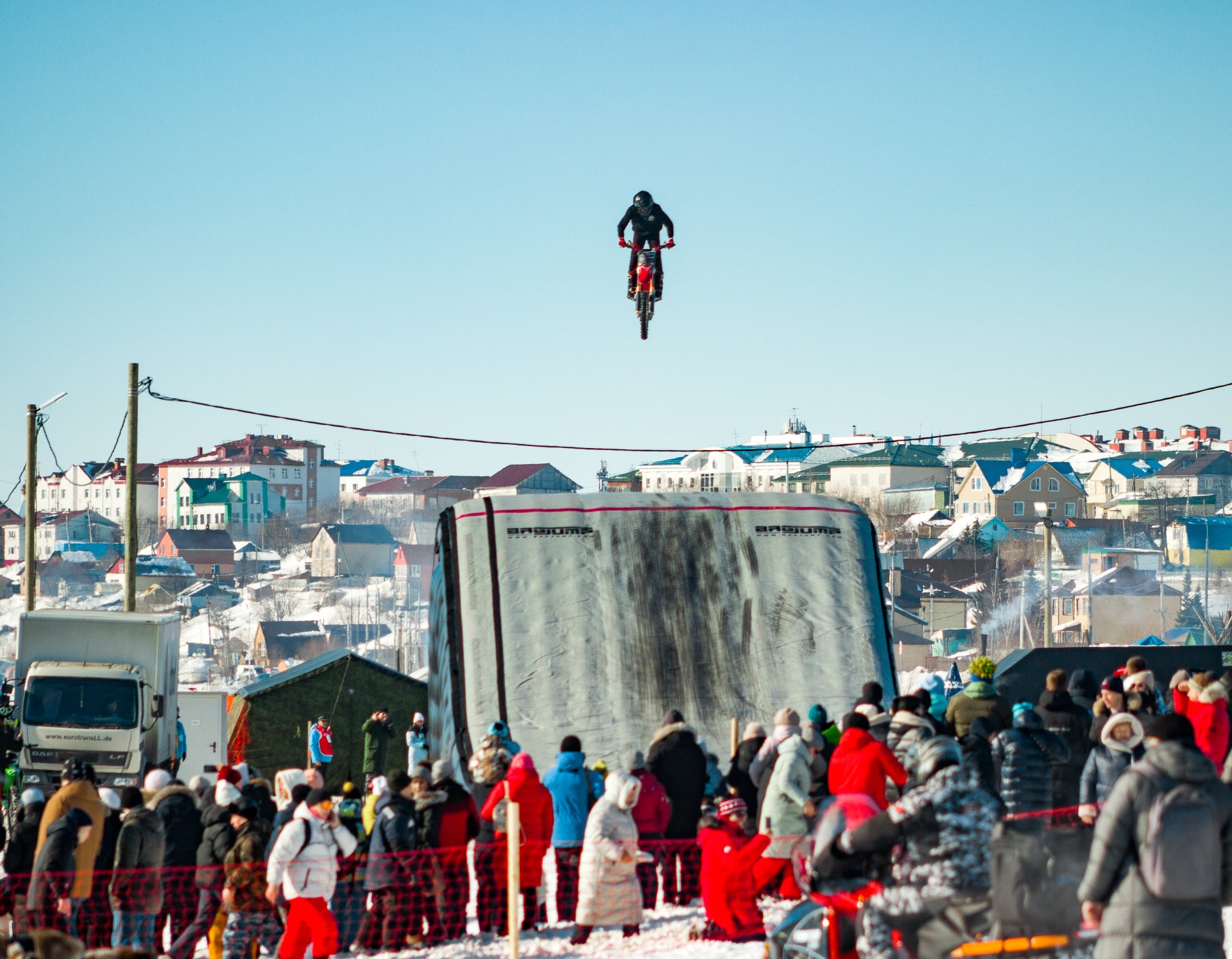 Jumps and stunts on motorcycles and snowmobiles are one of the spectacular parts of the festival.