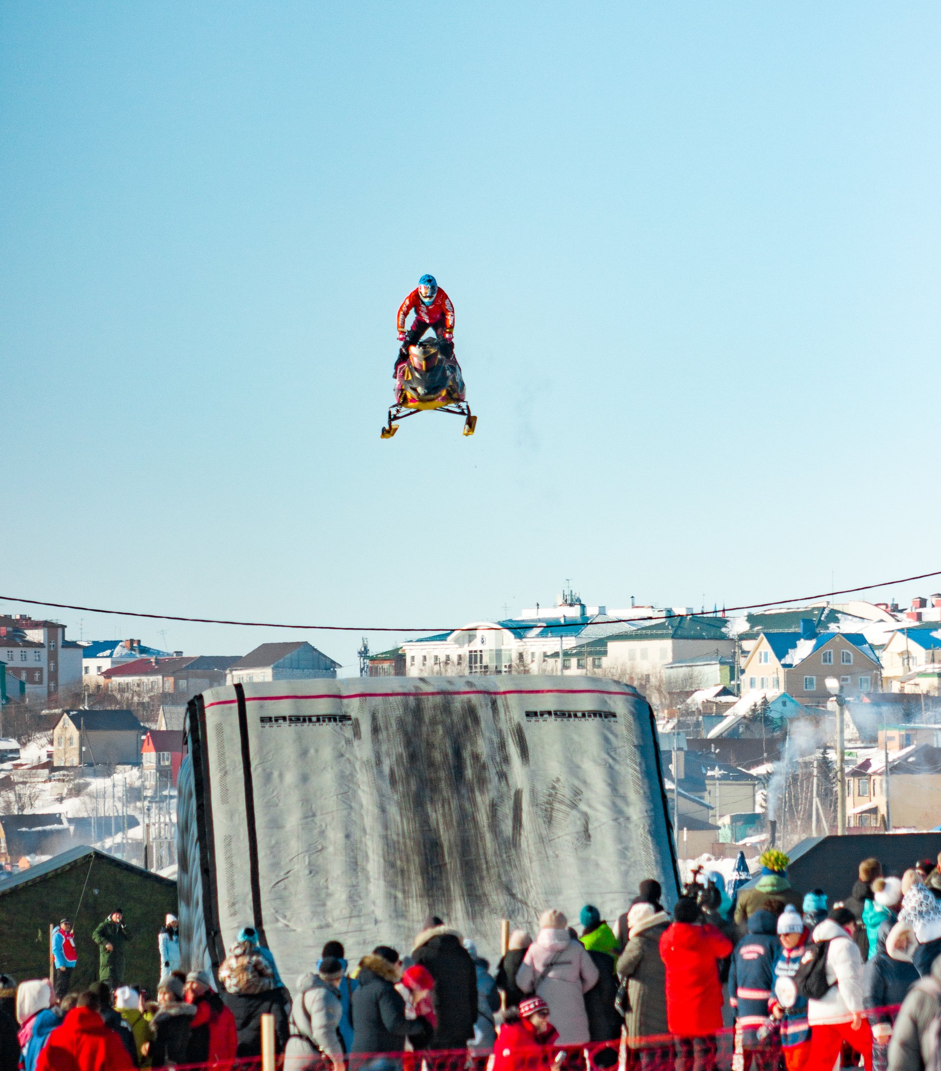 Jumps and stunts on motorcycles and snowmobiles are one of the spectacular parts of the festival.