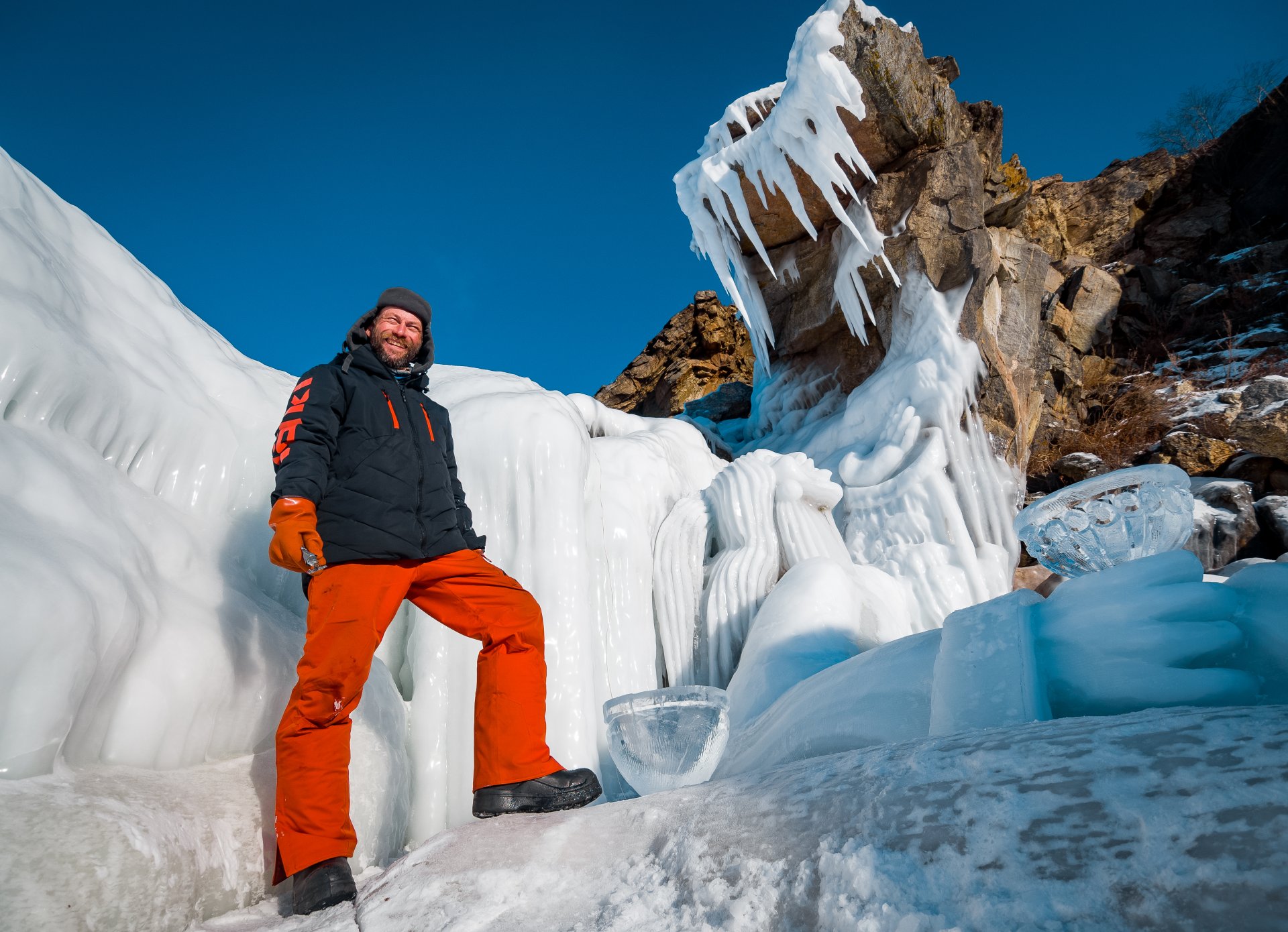 Sculptor, twenty-seven-time winner of various international championships for the creation of ice figures Alexander Parfenov at work.