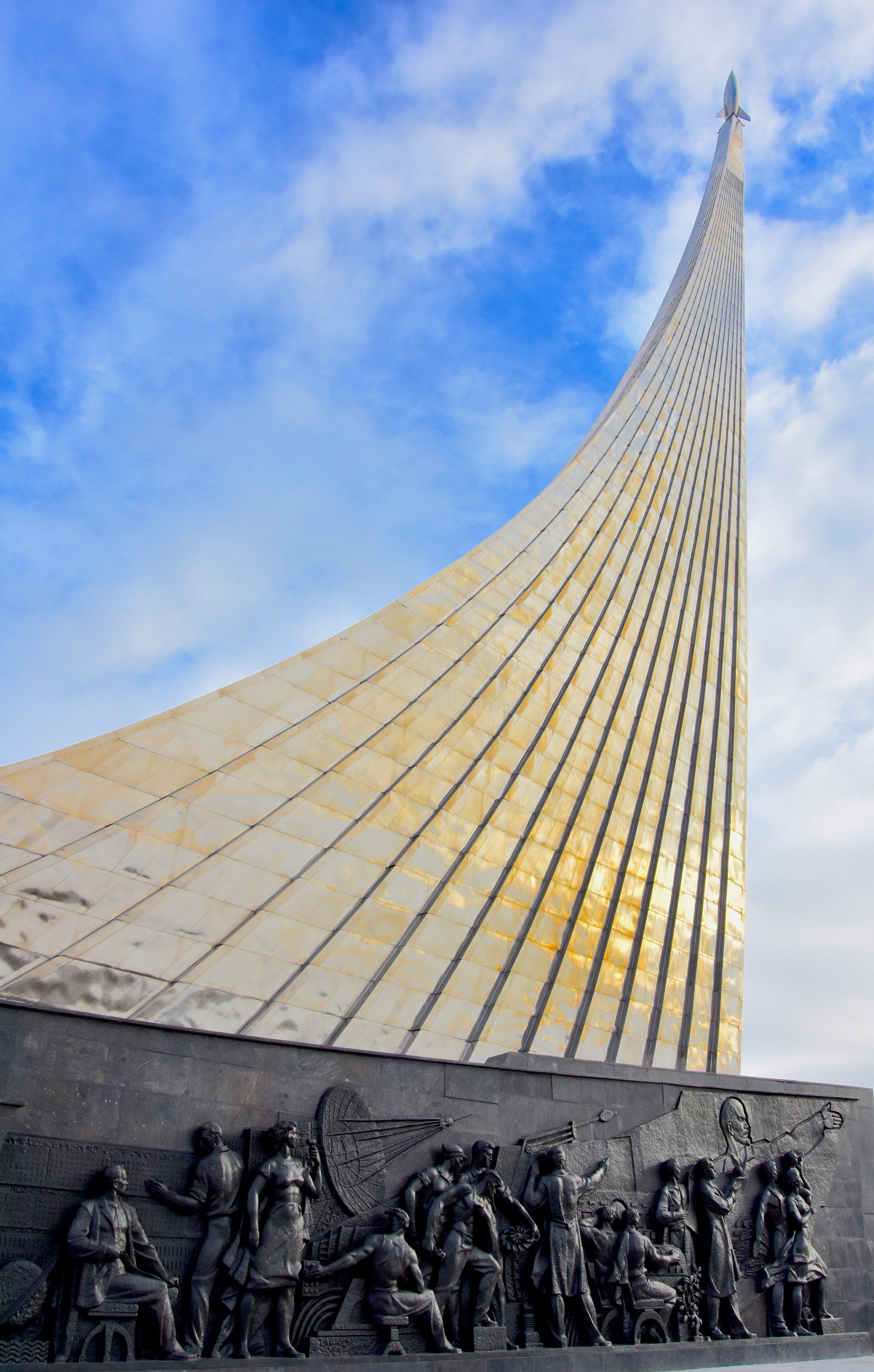 Monument to the Conquerors of Space, made in titanium, located outside the main entry to today's Exhibition of Achievements of the National Economy (VDNKh), Moscow, 2023.