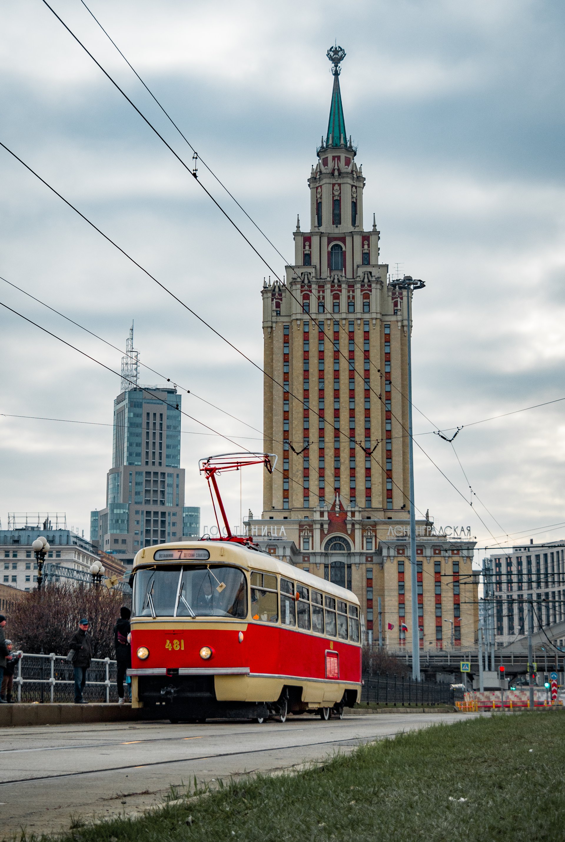 Tatra T3SU drives past the Leningradskaya Hotel in Moscow.